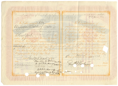 Harlem River and Portchester Railroad Company Bond Certificate Signed by William W. Astor and Franklin H. Delano