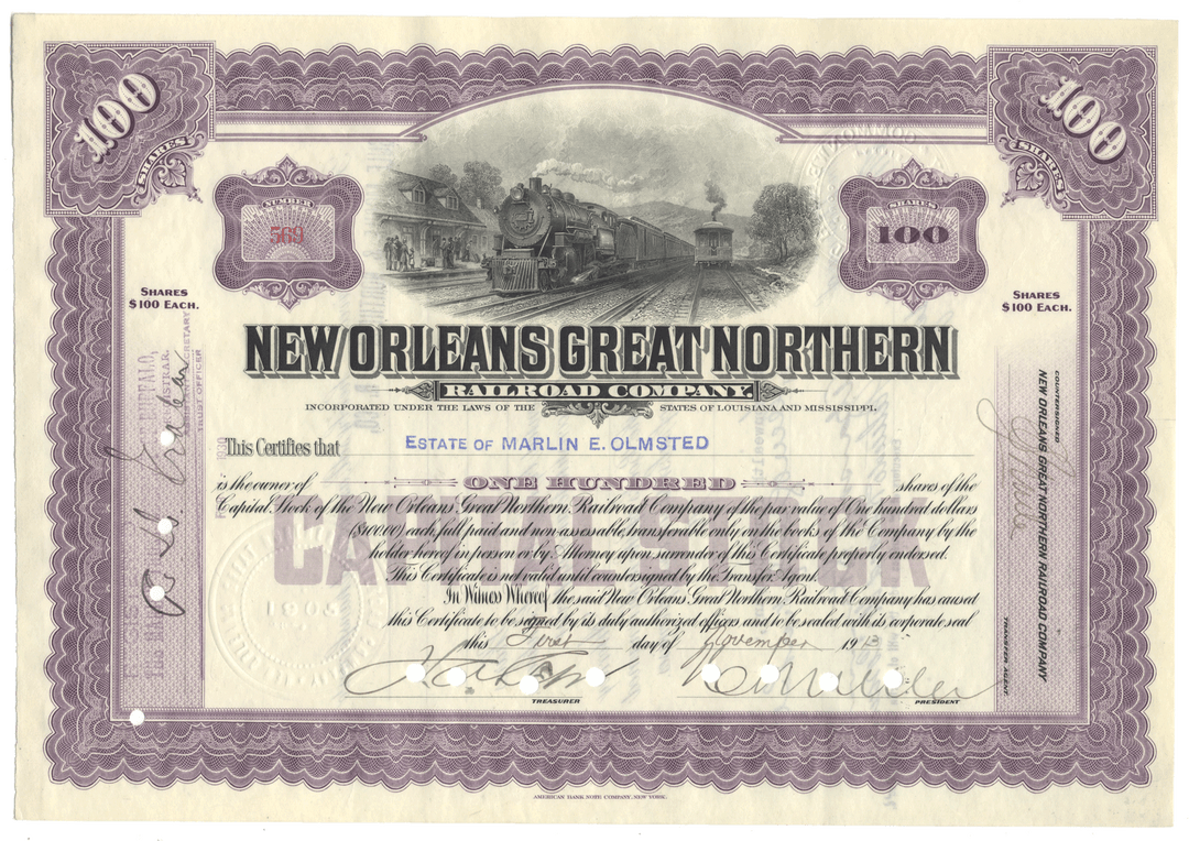 New Orleans Great Northern Railroad stock certificate with train illustration