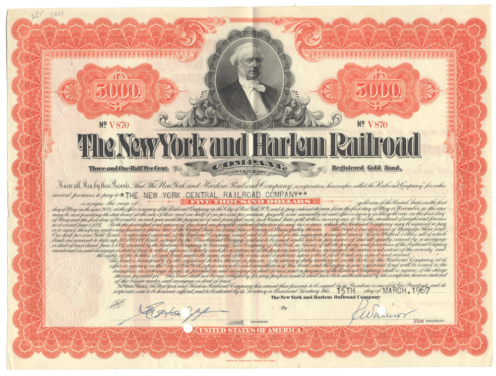 Vintage stock certificate for The New York and Harlem Railroad Company with a portrait of a man in a bow tie.
