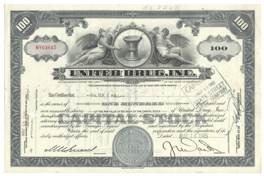United Drug, Inc. stock certificate from 1945