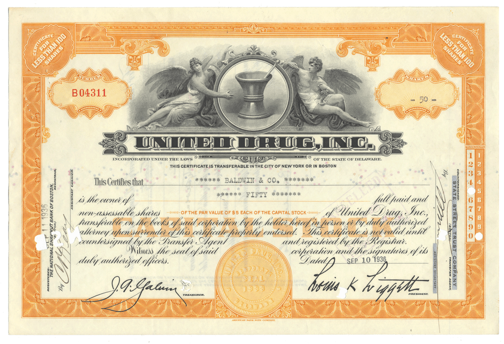 United Drug Inc. stock certificate with decorative elements and text from 1936