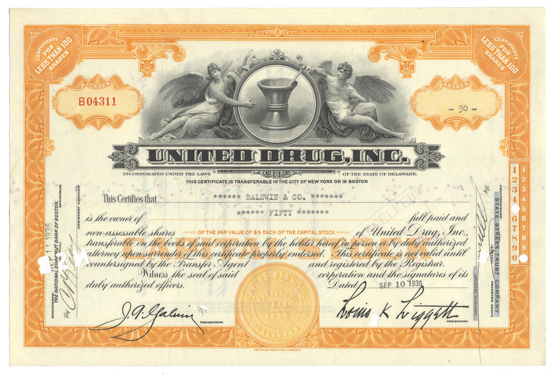 United Drug Inc. stock certificate with decorative elements and text from 1936