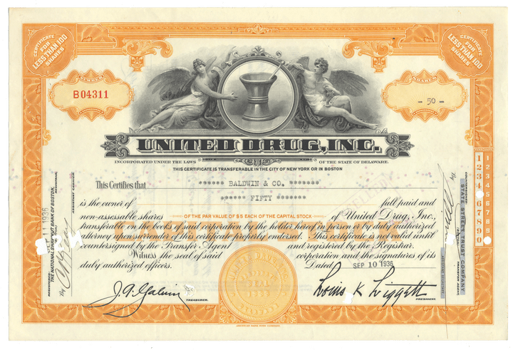 United Drug Inc. stock certificate with decorative elements and text from 1936