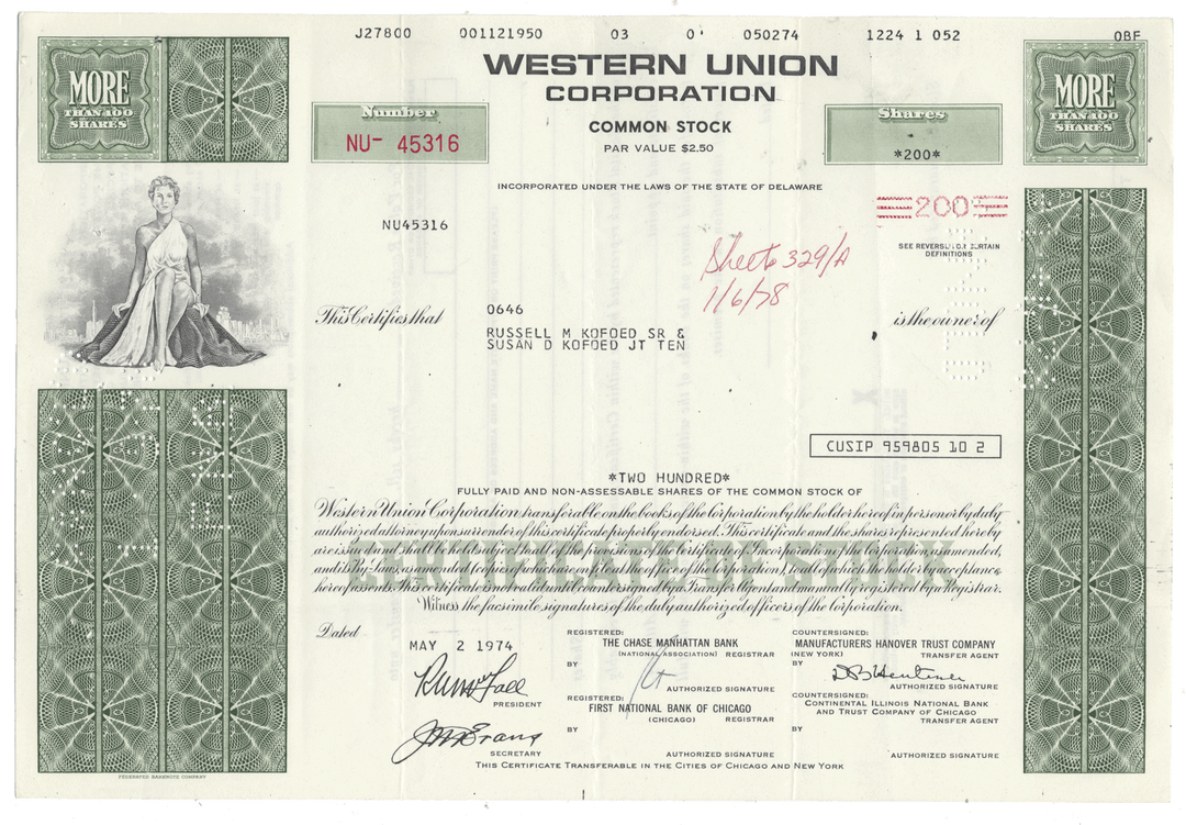 Vintage stock certificate from Western Union Corporation from 1974