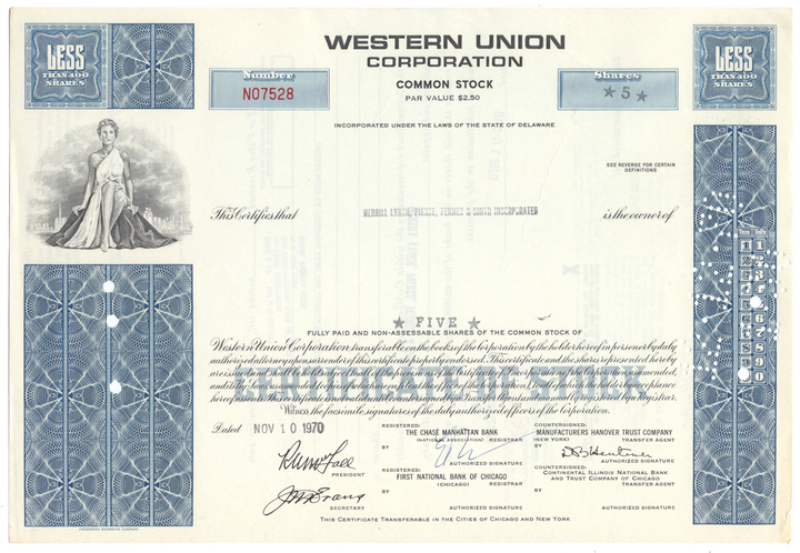 Western Union Corporation Stock Certificate