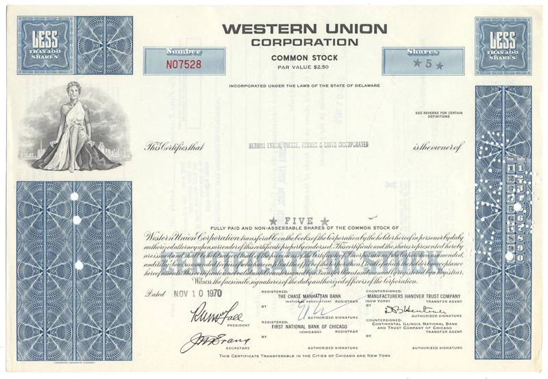 Western Union Corporation Stock Certificate