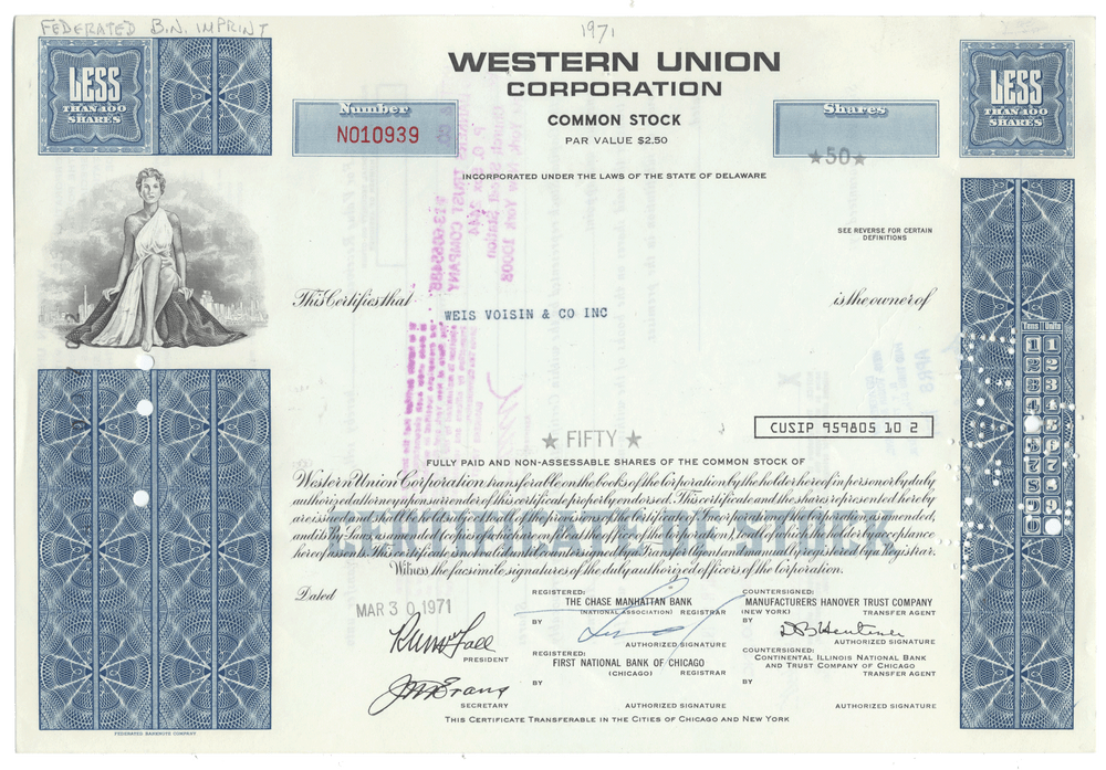 Western Union Corporation stock certificate with decorative elements