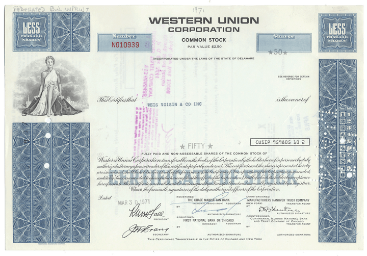 Western Union Corporation stock certificate with decorative elements
