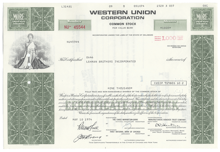 Western Union Corporation stock certificate from 1974