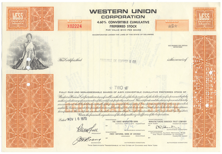 Western Union Corporation Stock Certificate