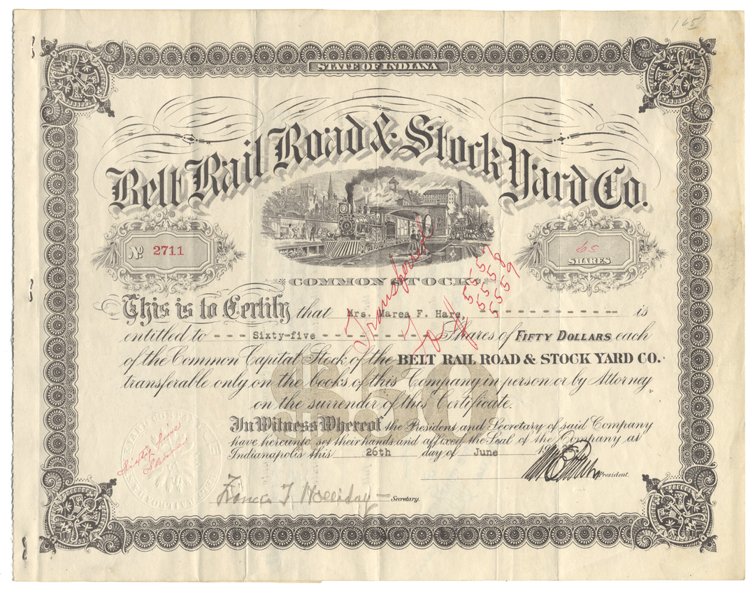 Vintage stock certificate for Bell Rail Road & Stock Yard Co. with decorative elements. from 1920