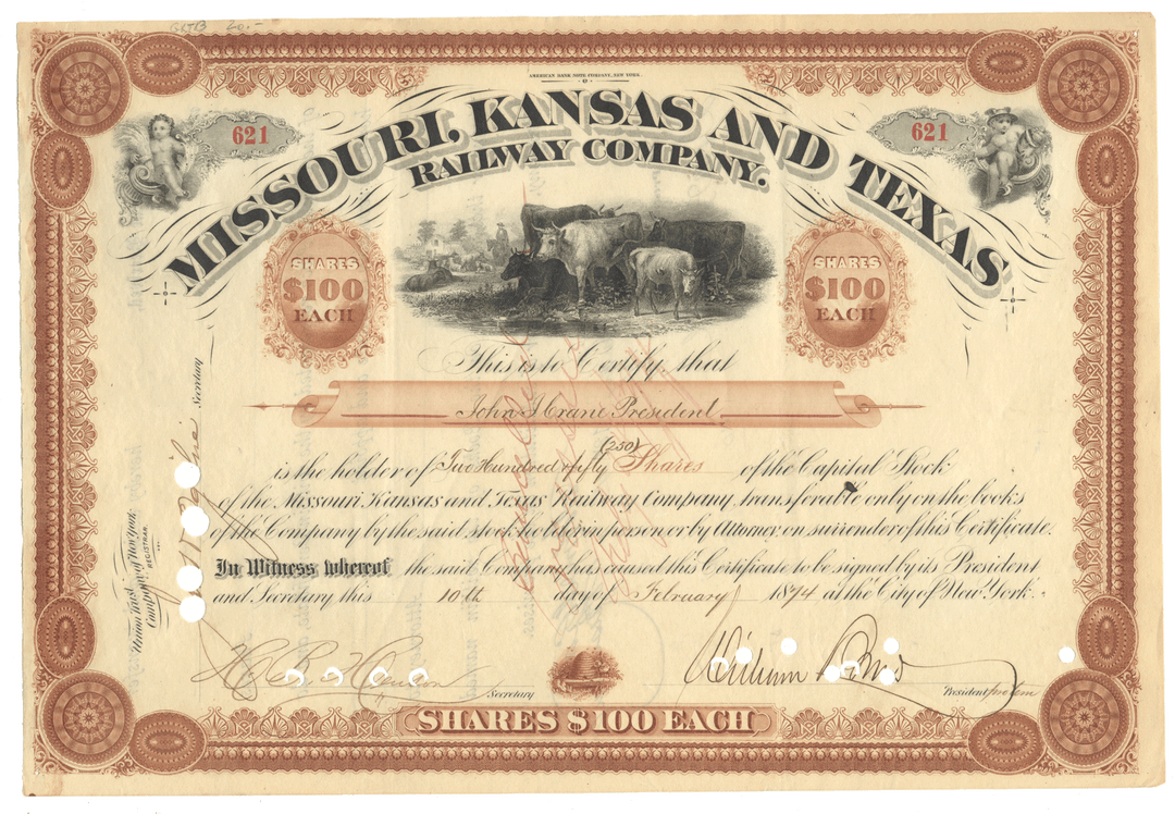 Historical stock certificate for Missouri, Kansas and Texas Railway Company from 1874