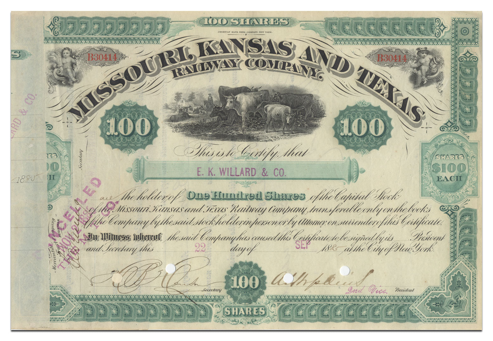 Historical stock certificate for Missouri, Kansas and Texas Railway Company from the 1880's