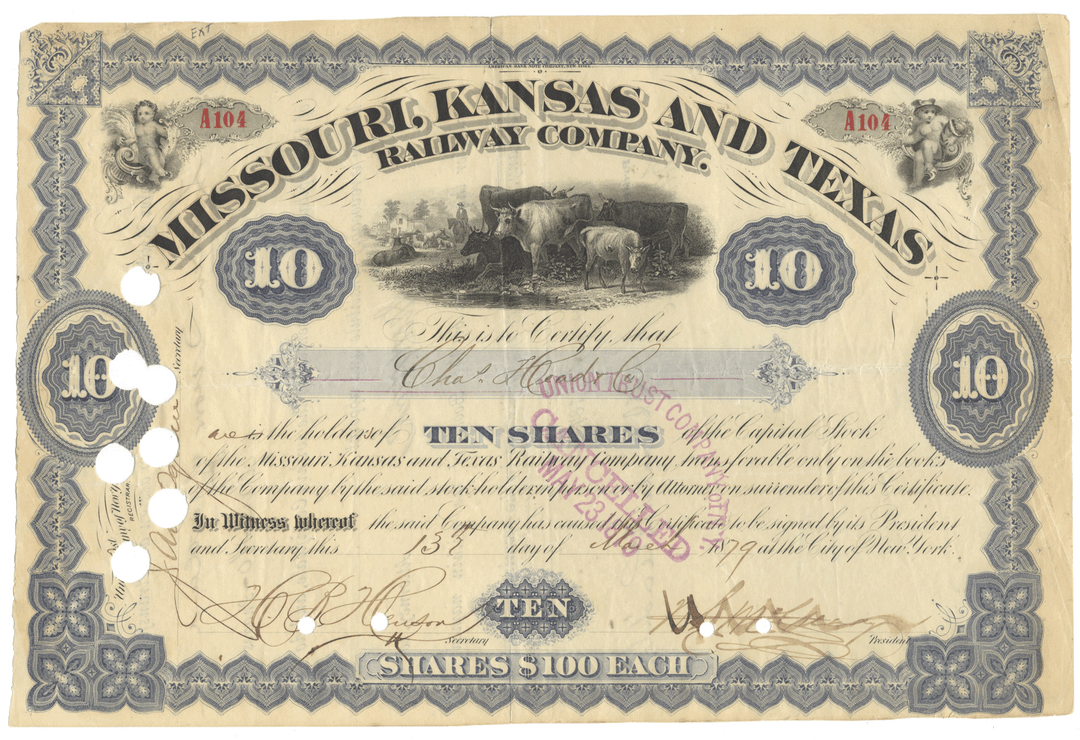 Historical stock certificate for Missouri, Kansas and Texas Railway Company from 1879