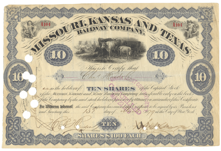 Historical stock certificate for Missouri, Kansas and Texas Railway Company from 1879