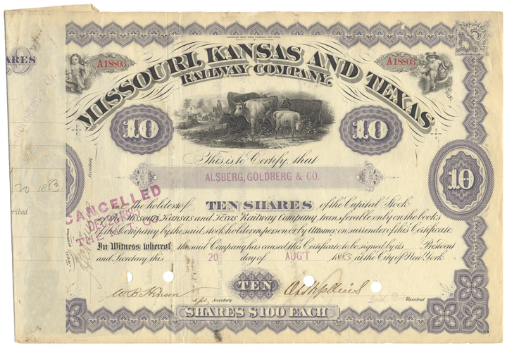 Vintage stock certificate for Missouri, Kansas and Texas Railway Company with decorative elements.