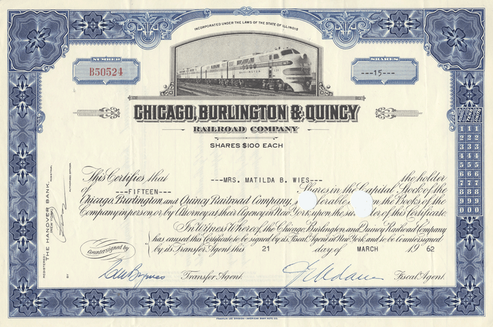 Chicago, Burlington and Quincy Railroad Company Stock Certificate