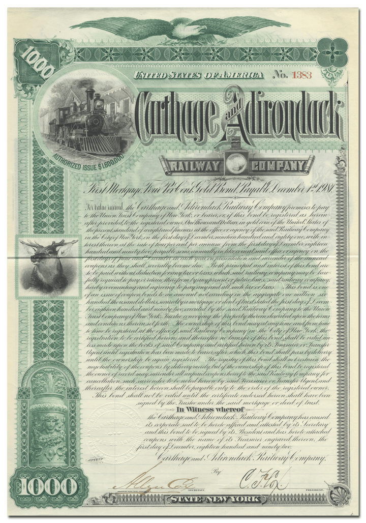 Carthage and Adirondack Railway Company Bond Certificate