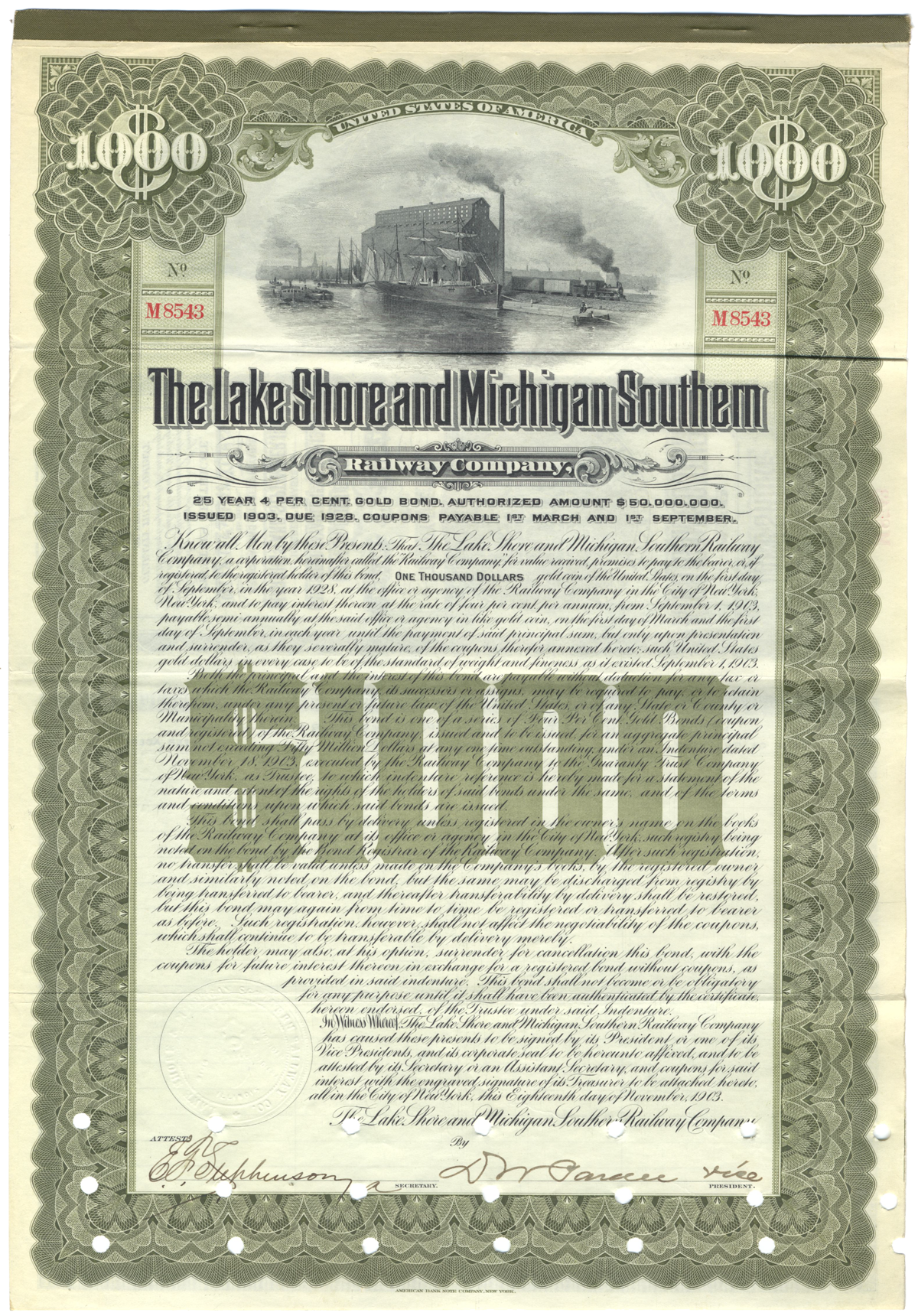 Lake Shore and Michigan Southern Railway Company Bond Certificate