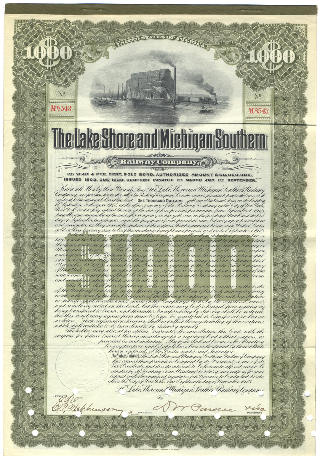 Lake Shore and Michigan Southern Railway Company Bond Certificate