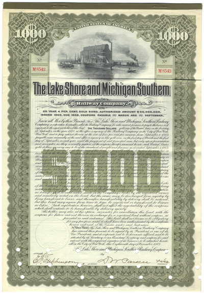 Lake Shore and Michigan Southern Railway Company Bond Certificate