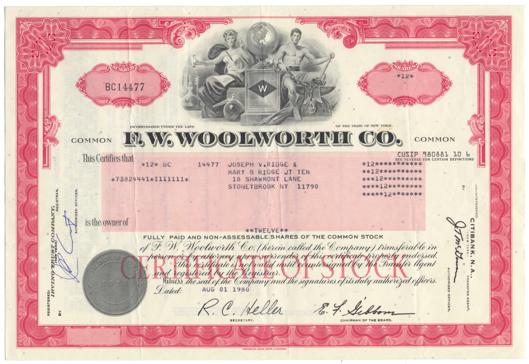 F. W. Woolworth Co. Stock Certificate