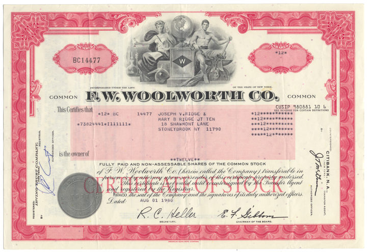 F. W. Woolworth Co. Stock Certificate