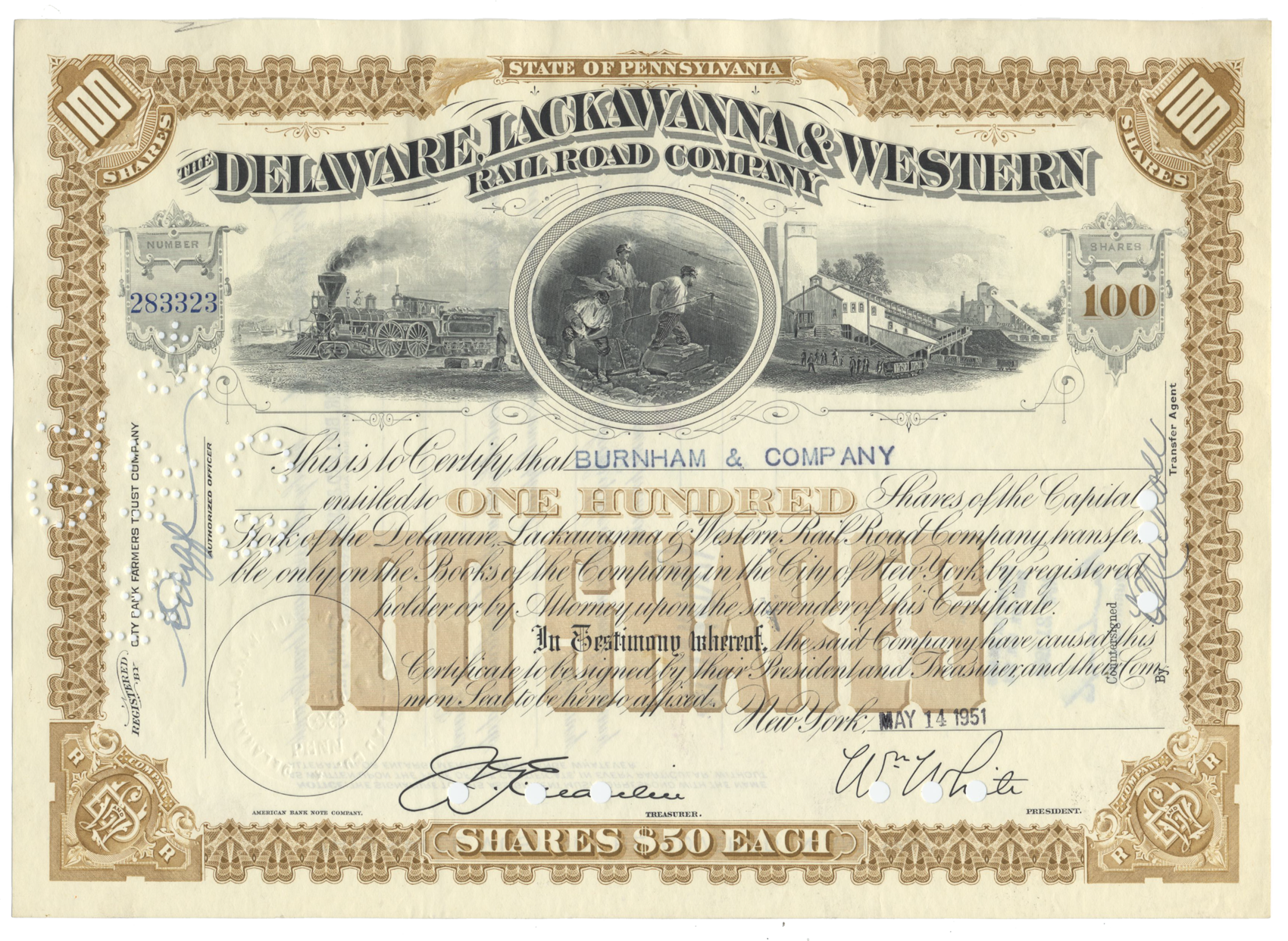 Delaware, Lackawanna and Western Rail Road Company Stock Certificate