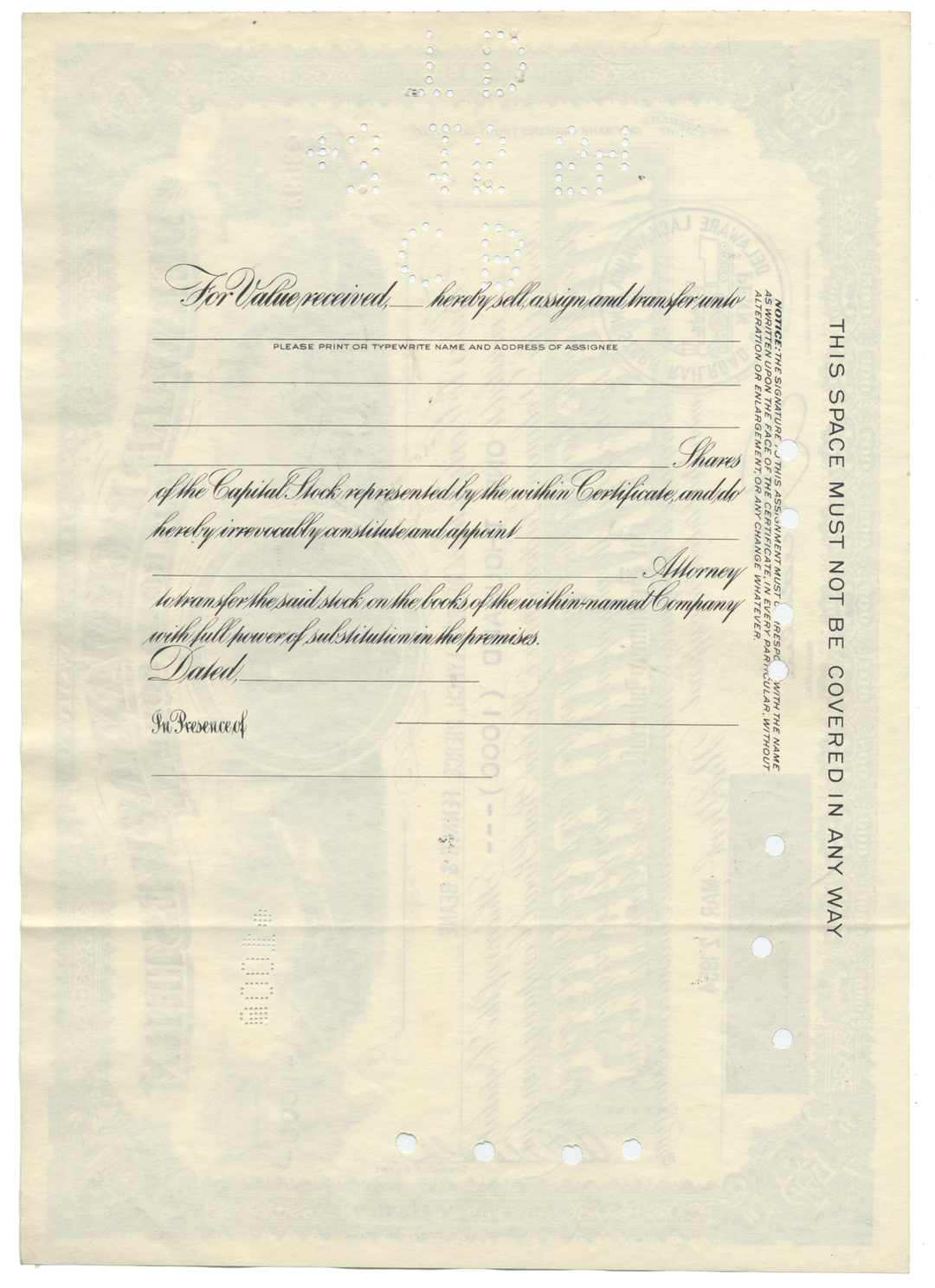 Delaware, Lackawanna and Western Rail Road Company Stock Certificate