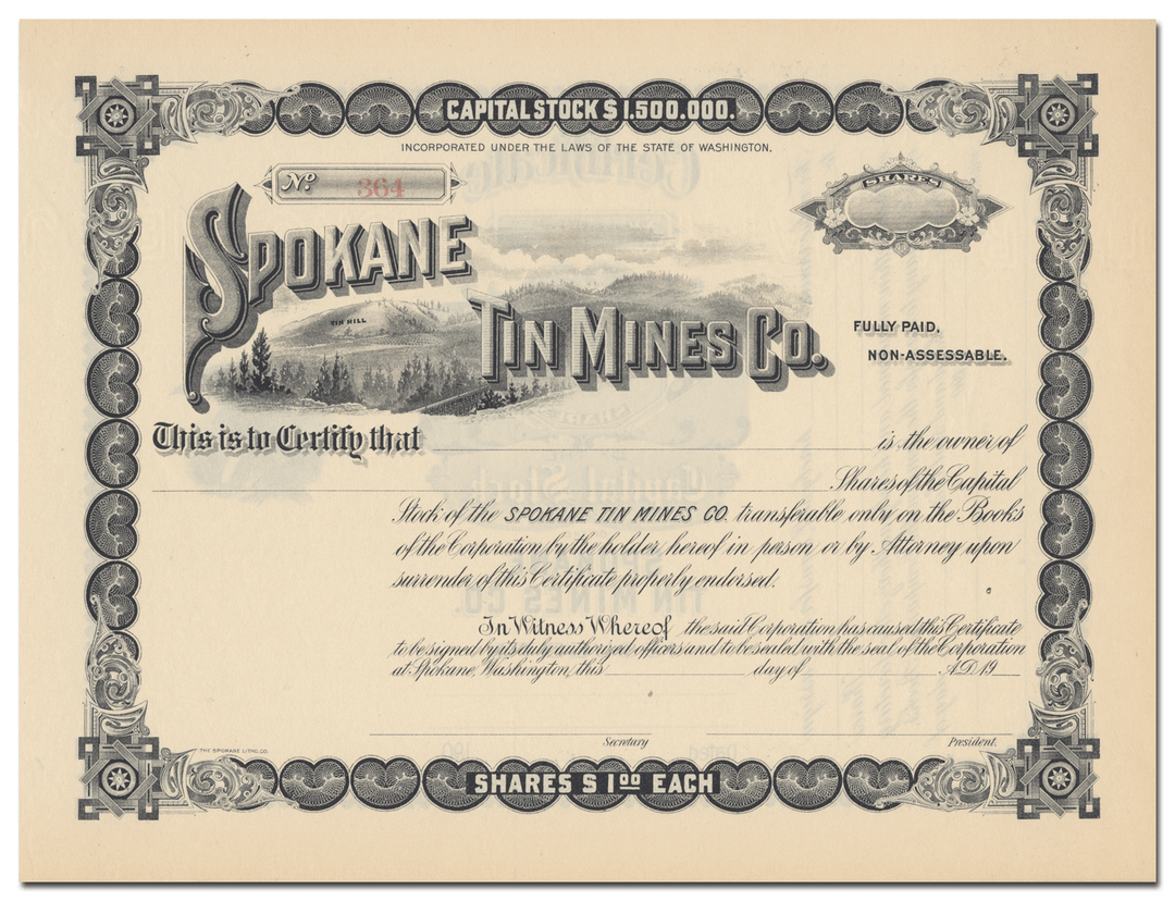 Spokane Tin Mines Co. Stock Certificate