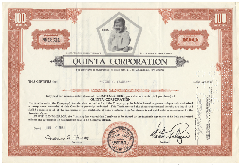 Quinta Corporation Stock Certificate