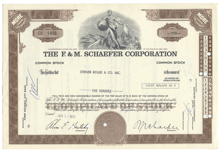 F. & M. Schaefer Corporation Stock Certificate