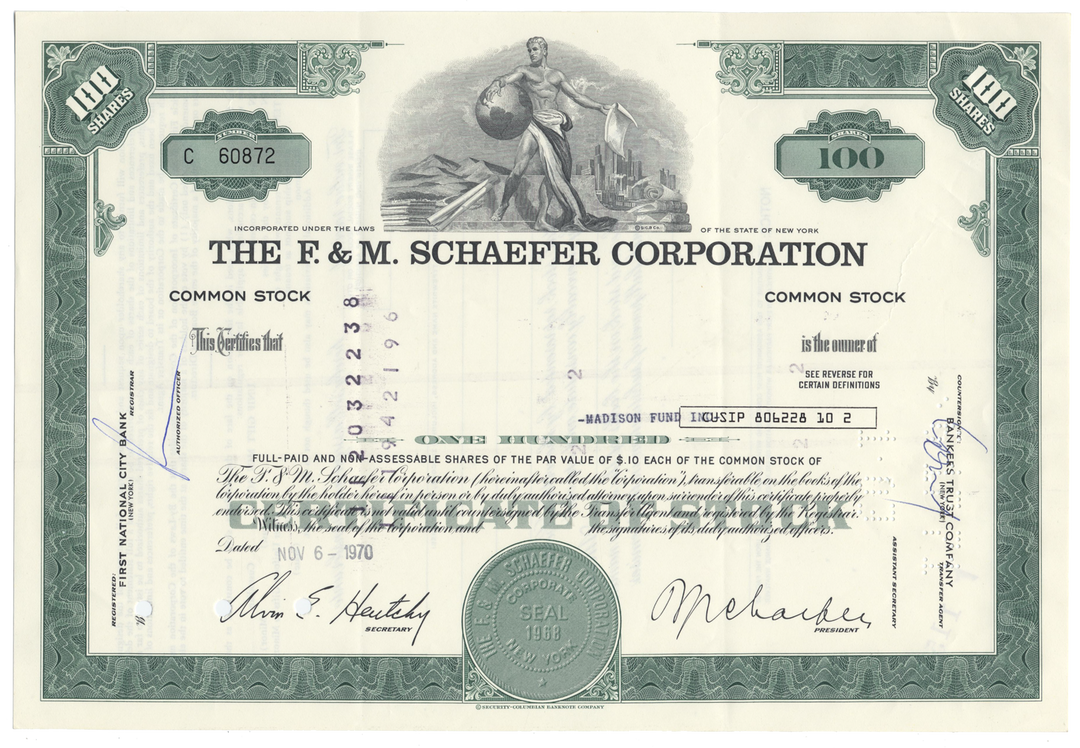 F. & M. Schaefer Corporation Stock Certificate