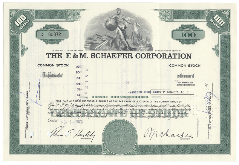 F. & M. Schaefer Corporation Stock Certificate