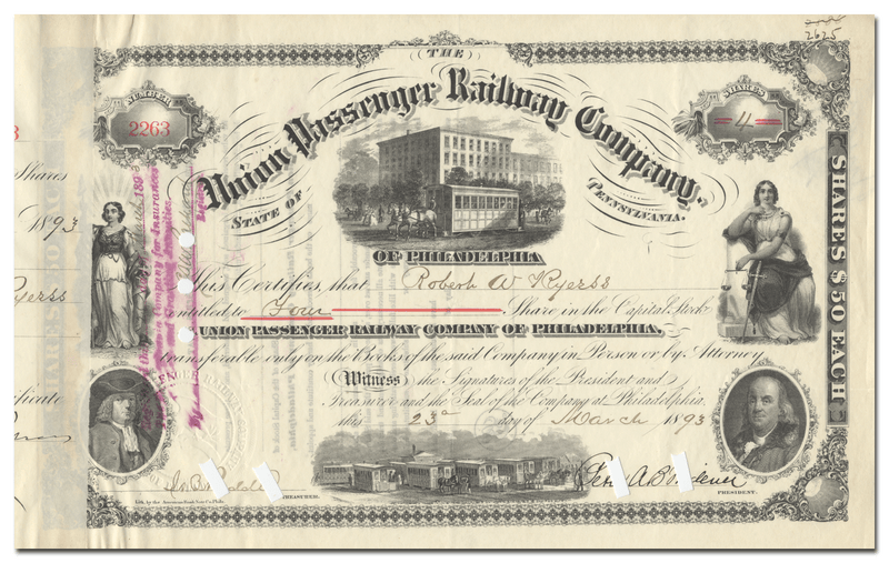 Union Passenger Railway Company of Philadelphia Stock Certificate Signed by Peter AB Widener