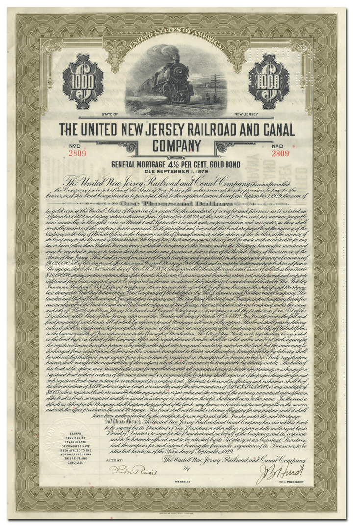 United New Jersey Railroad and Canal Company Bond Certificate