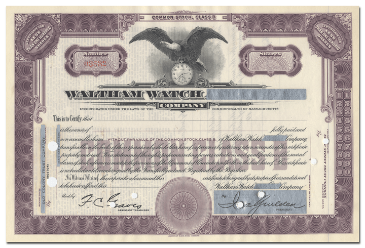 Waltham Watch Company Stock Certificate