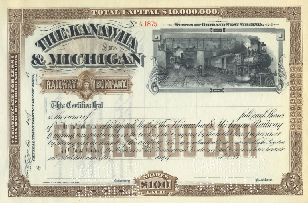 Kanawha & Michigan Railway Company Stock Certificate