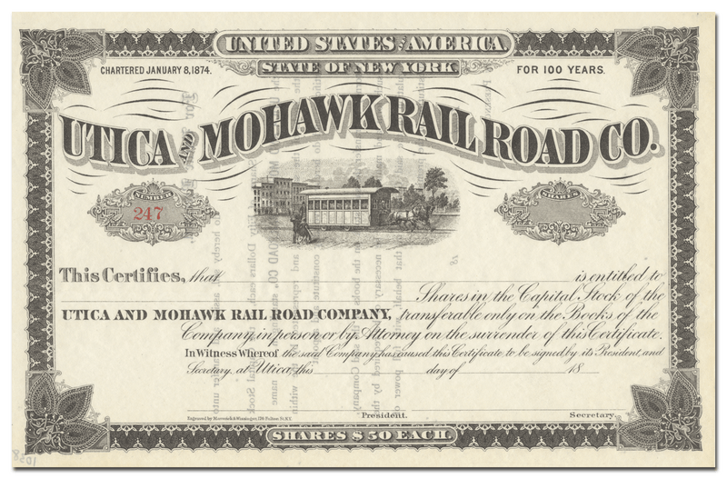 Utica and Mohawk Rail Road Company Stock Certificate