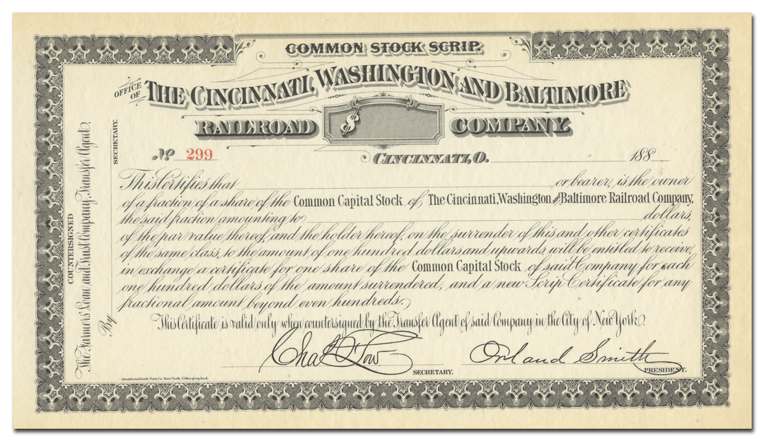 Cincinnati, Washington and Baltimore Railroad Company Stock Certificate