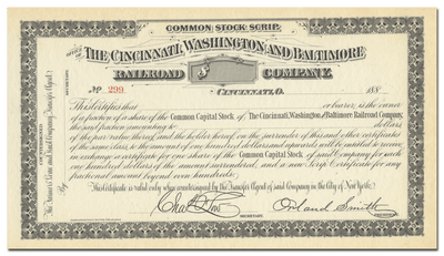 Cincinnati, Washington and Baltimore Railroad Company Stock Certificate