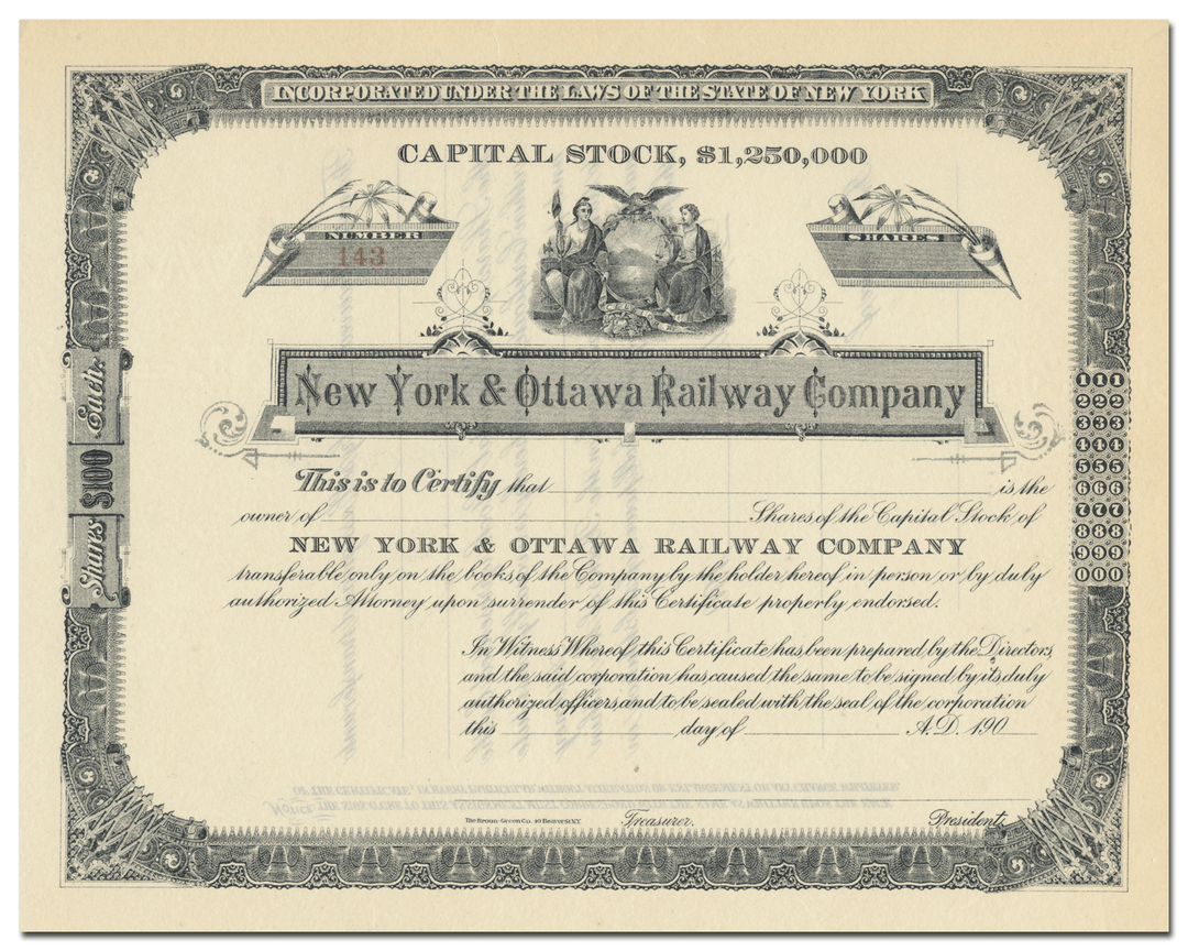 New York & Ottawa Railway Company Stock Certificate