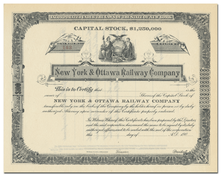 New York & Ottawa Railway Company Stock Certificate