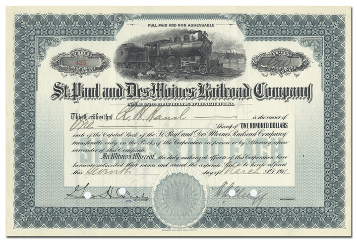 St. Paul and Des Moines Railroad Company Stock Ceretificate