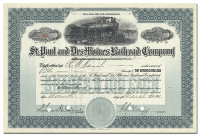 St. Paul and Des Moines Railroad Company Stock Ceretificate