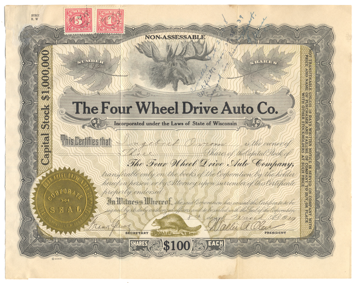 Four Wheel Drive Auto Co. Stock Certificate