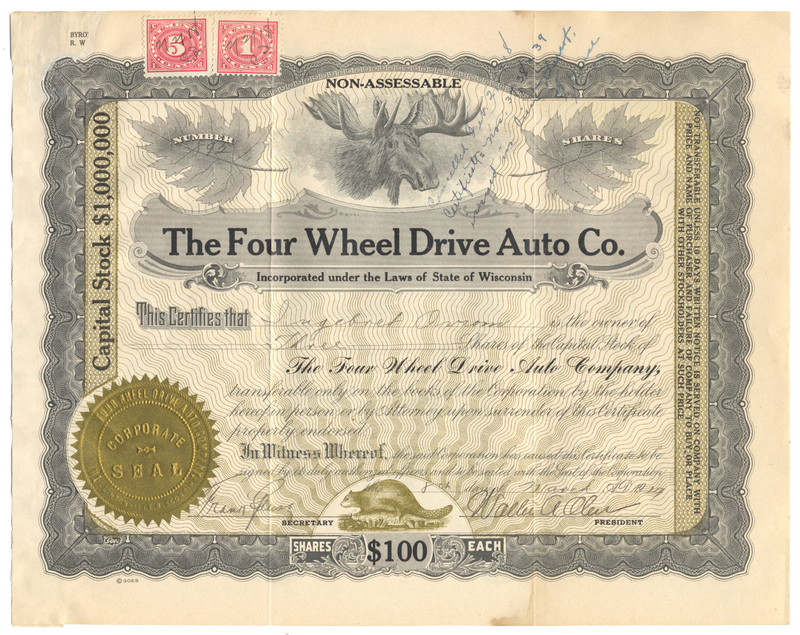 Four Wheel Drive Auto Co. Stock Certificate