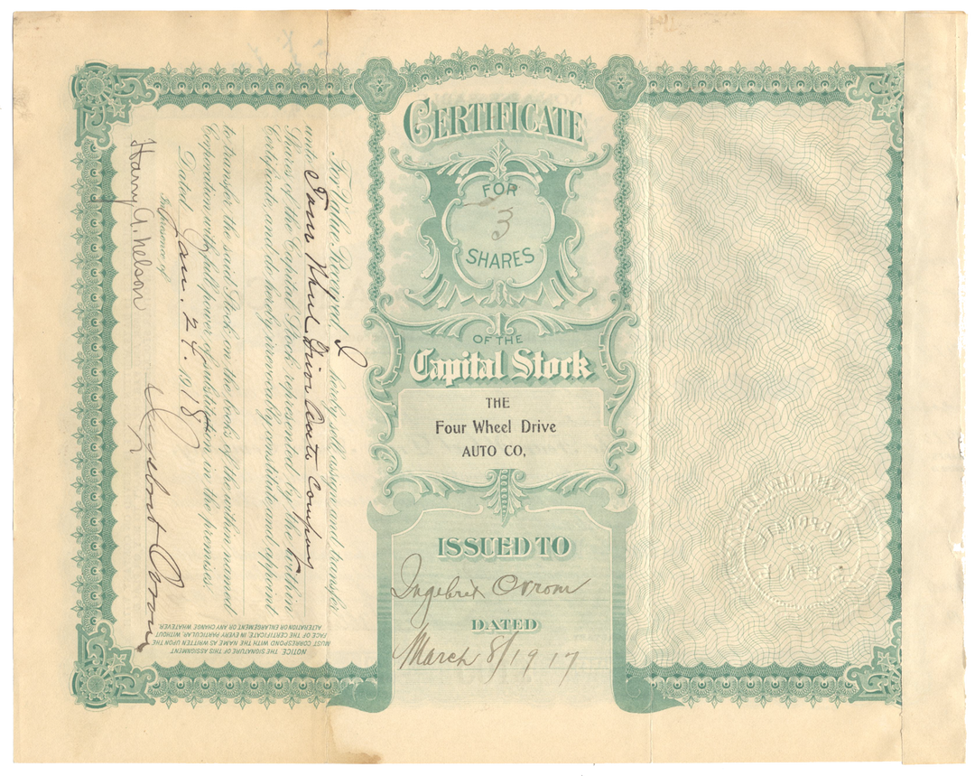 Four Wheel Drive Auto Co. Stock Certificate