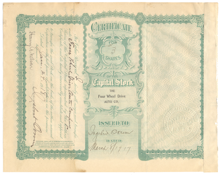 Four Wheel Drive Auto Co. Stock Certificate