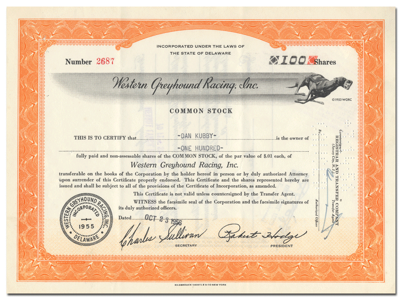 Western Greyhound Racing, Inc. Stock Certificate